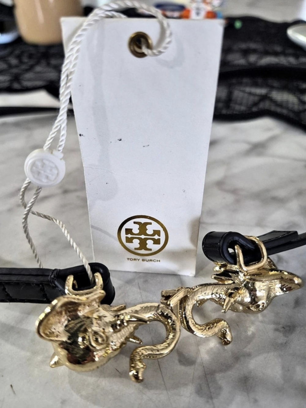 Tory Burch Kissing Elephant Belt in Black & Gold Size S
